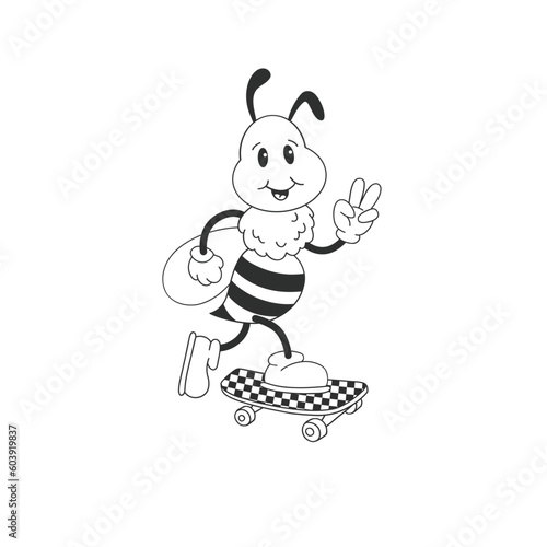 Retro rubber hose cartoon bee character on skate board vector illustration. Cool groovy bumblebee black and white personage print design.