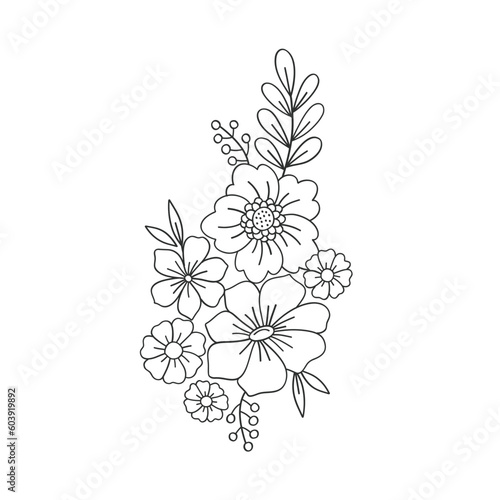 Linear flower arrangement Retro 70s 60s Groovy Hippie Flower Power vibes vector illustration isolated on white. Boho Summer retro colouring page floral bouquet print.