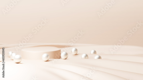Fototapeta Naklejka Na Ścianę i Meble -  白いパールが転がっているベージュの布と台座。（横長）