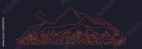 Coffee plantation and mountain. Vector line sketch
