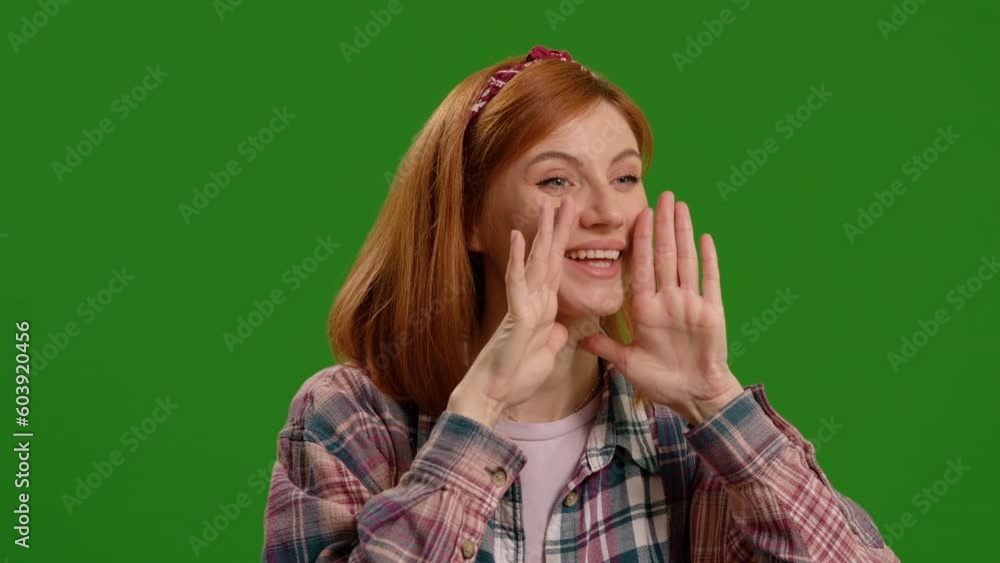 Portrait of happy young woman 20s smiling scream and shout calling inviting with hands at mouth say hey you isolated on green screen background. Portrait of happy young woman 20s smiling scream and shout calling inviting with hands at mouth say hey you isolated on green screen background.