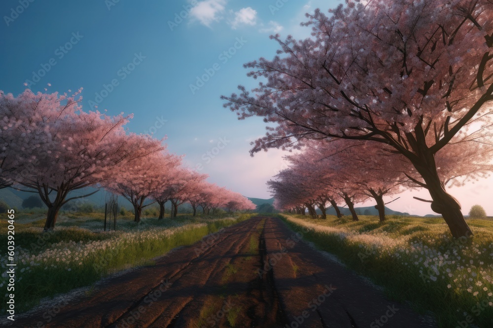 Cherry blossoms in full bloom along a country road in spring, generative Ai Cherry blossoms in full bloom along a country road in spring, generative Ai