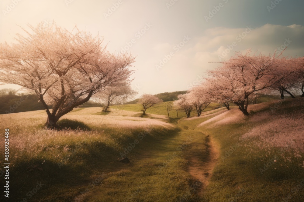 Fototapeta premium Cherry blossom trees in spring time,vintage color tone, generative Ai