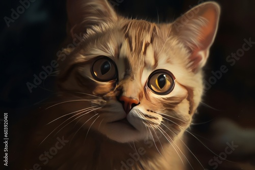Illustration of a cat with big eyes on a dark background, generative Ai