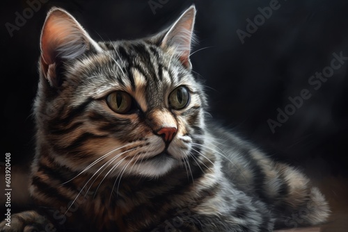 Close-up portrait of a beautiful tabby cat on a dark background, generative Ai