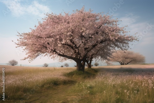 Blossoming cherry tree in the spring field. Retro style, generative Ai