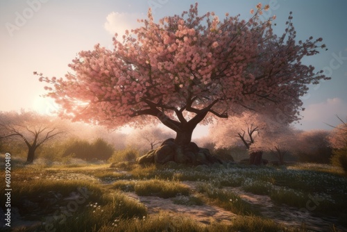 Beautiful cherry blossom tree in the meadow at sunset  generative Ai