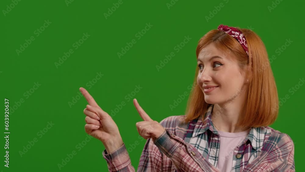 Green screen face, studio and happy woman point at commercial promotion, advertising copy space or marketing mockup. Portrait, product placement girl and female chroma key model on mock up background Green screen face, studio and happy woman point at commercial promotion, advertising copy space or marketing mockup. Portrait, product placement girl and female chroma key model on mock up background