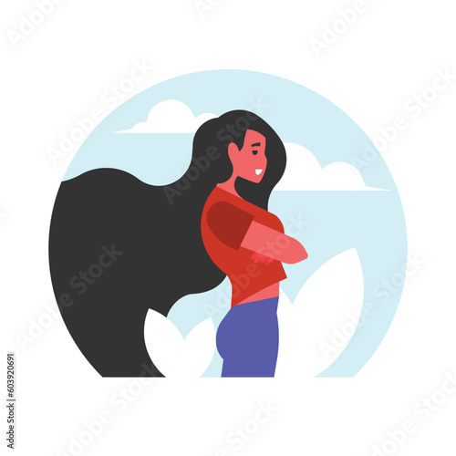 Young woman sitting on the beach. Vector illustration in a flat style