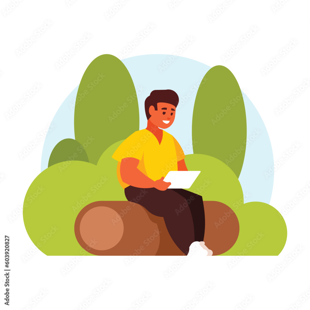 A young man sitting on a log and using a laptop. Flat vector illustration. A young man sitting on a log and using a laptop. Flat vector illustration.