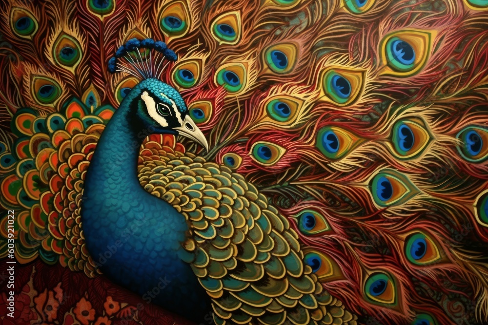 Fototapeta premium Peacock on a colorful background. Colorful peacock, generative Ai