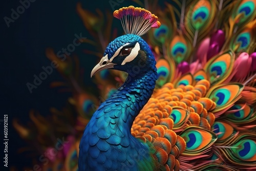 Beautiful peacock with colorful feathers on dark background. Close up, generative Ai