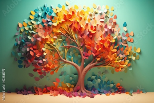 Colorful tree in the form of a heart. 3d rendering, generative Ai