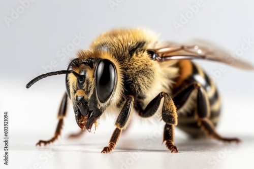 Close-up macro shot of a bee on white background. Shallow depth of field, generative Ai © Angus.YW