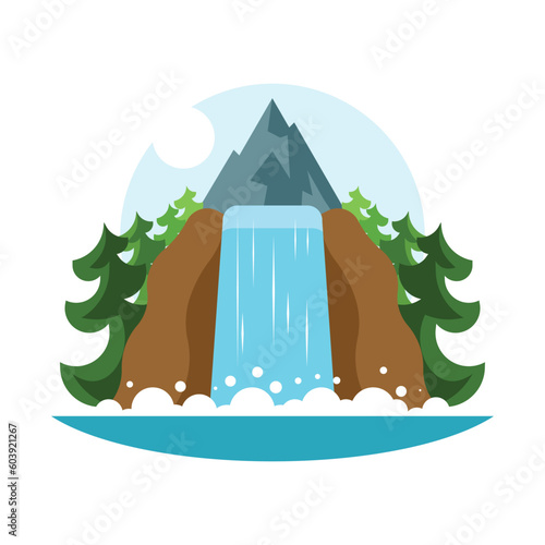 Mountains and waterfall icon. Flat illustration of mountains and waterfall vector
