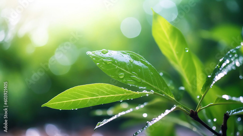 Sustainable Vision: AI-Generated Close-up of a Bright World with White Background, Green Plants, Raindrops and Fresh Air, with Bright Lighting