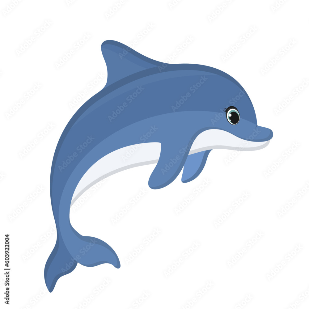 Fototapeta premium Cartoon jumping dolphin on white isolated background. Vector. Marine animals, ocean.