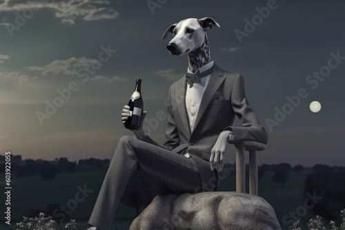 A tall dog dressed as an elegant man is modelling for a portrait with a glass of beer, generative ai illustration photo