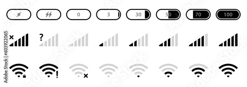 Battery signal and Wi-Fi icon symbol black and white icons pack. Mobile phone signal, wi-fi, battery icon. Status bar symbol modern, simple, vector, icon for website design, mobile app, ui. Vector