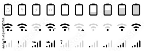 Battery signal and Wi-Fi icon symbol black and white icons pack. Mobile phone signal, wi-fi, battery icon. Status bar symbol modern, simple, vector, icon for website design, mobile app, ui. Vector