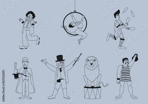 Set of different circus characters. People doing show in outline style.