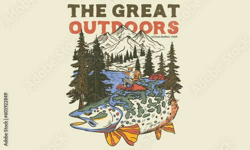 The great outdoors. Mountain lake artwork design. trout fish design. Wild life. Keep wild nature. Fish with mountain graphic print design for t shirt , sticker, posters and others. 