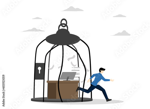Free, escape for freedom, resign from toxic workplace or retirement concept, quit day job to start new business, confident entrepreneur escaping from toxic workbench birdcage.