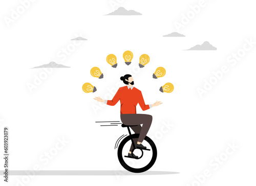 innovation or skills for success in business, Creativity and ideas, skilled businessman riding a tricycle juggling light bulbs metaphor many ideas. flat vector illustration on a white background.