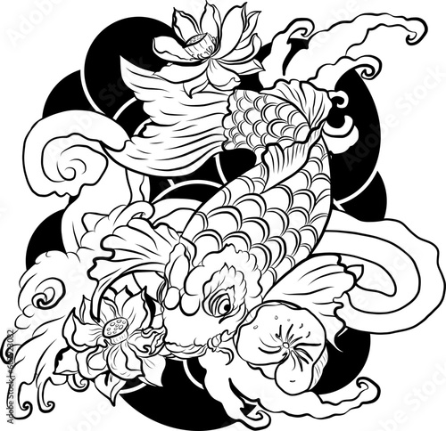 vector illustration of Japanese koi fish tattoo style drawing. Japanese background. tattoo koi fish design. hand drawn outline koi fish and Chinese doodle art. Peony, Cherry blossom and lotus vector.