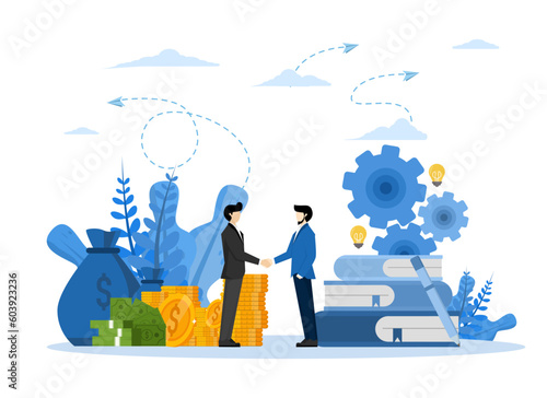 creative project financing. woman and man business handshake vector. successful team business porter. The investors held the money in the idea. Vector illustration on a white background.