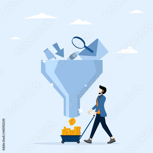 flow of customer awareness, click and buy product on e-commerce website, sales funnel or online marketing conversion rate, businessman holding shopping cart with money coins from sales funnel.