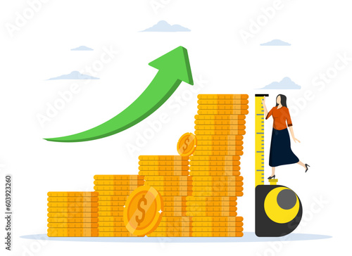 Investment measurement or benchmark, wealth monitoring with financial goal or target concept, ROI, return on investment, businessman investor using measuring tape to measure stack height of money coin