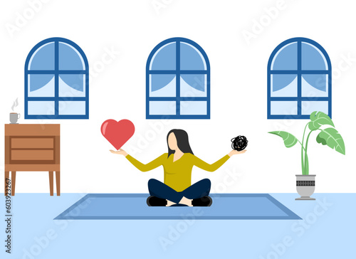 work life balance or meditation and relax, stress management balance between work concentration and mental health, woman meditating floating balancing messy mess and work passion heart shape.