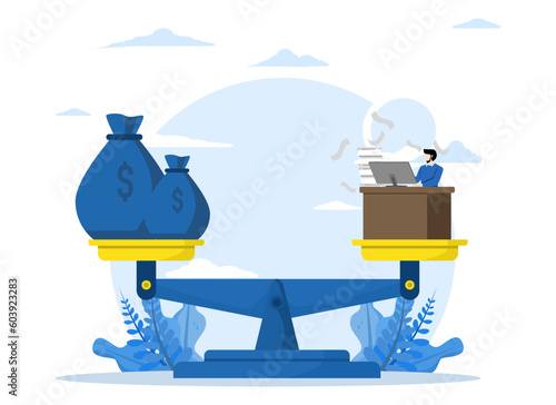 Wages, overwork and life balance concept, working hard for money or motivating incentive to work overtime, salary or income, businessman working hard at desk busy seesaw balance with wage money bag.