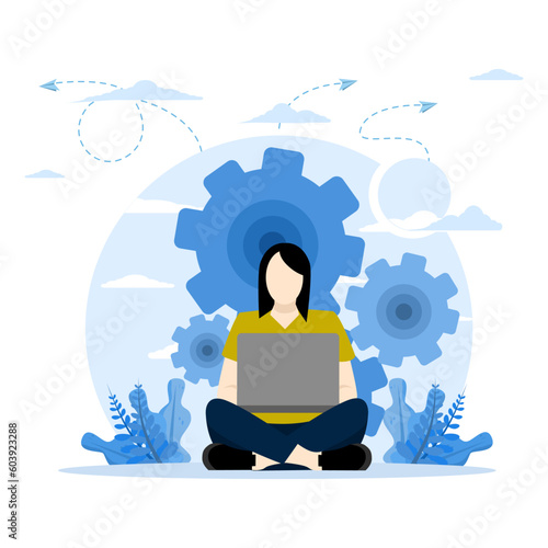 a girl online assistant at work. online promotion. doing work from home or flexible work. work in the office or at home. manager at remote job vector. Vector illustration on a white background.
