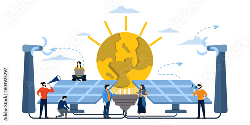 renewable alternative energy. solar energy, solar panel technology. windmill technology, environmental resources design extraction schedule, earth hour, energy and planet saving, vector illustration.