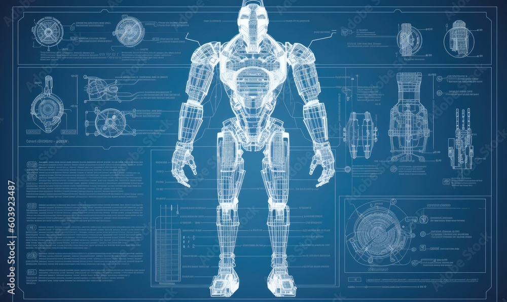 Technical drawing of a robot displays its intricate mechanical structure and components. Creating using generative AI tools Technical drawing of a robot displays its intricate mechanical structure and components. Creating using generative AI tools