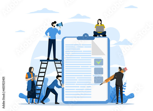 Vector illustration, tiny people filling out forms, complete work concept, checklist, long paper document and to-do list with checkboxes, modern concept for banners, infographics, websites.