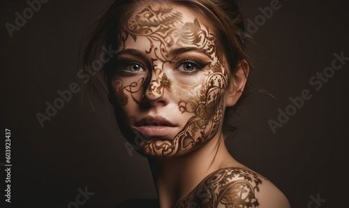 The bold woman showcased intricate face designs in tattoo style. Creating using generative AI tools