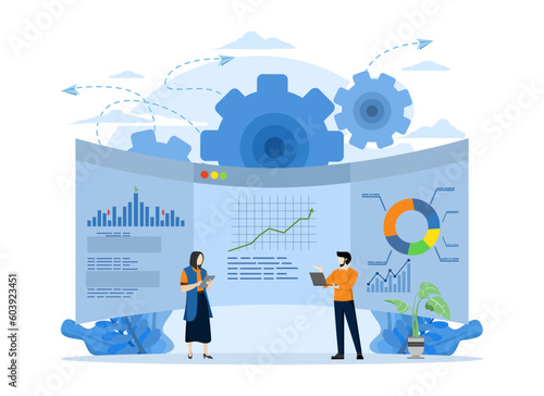 business vector, office workers study infographics, scale evolution analysis, network promotion, looking for new solution ideas, teamwork in company, brainstorming flat vector illustration.