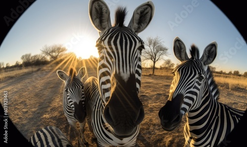 Zebra selfie  Striped beauty strikes a pose in the African savannah. Creating using generative AI tools