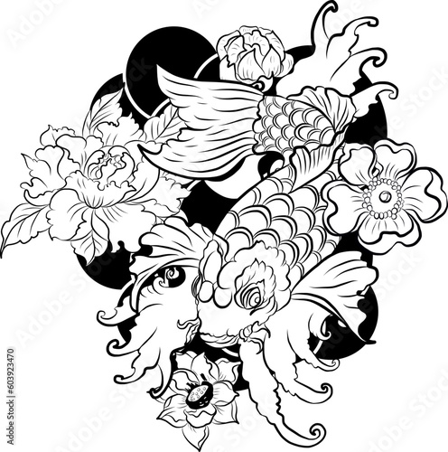 vector illustration of Japanese koi fish tattoo style drawing. Japanese background. tattoo koi fish design. hand drawn outline koi fish and Chinese doodle art. Peony, Cherry blossom and lotus vector.