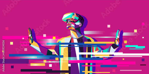 Vector illustration of a man wearing virtual reality glasses. The concept of modern technology. In modern art style.