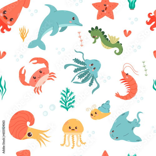 Ocean underwater. Vector illustration for kids design. Marine seamless pattern of sea life. Childish texture for fabric, textile, baby shower decor