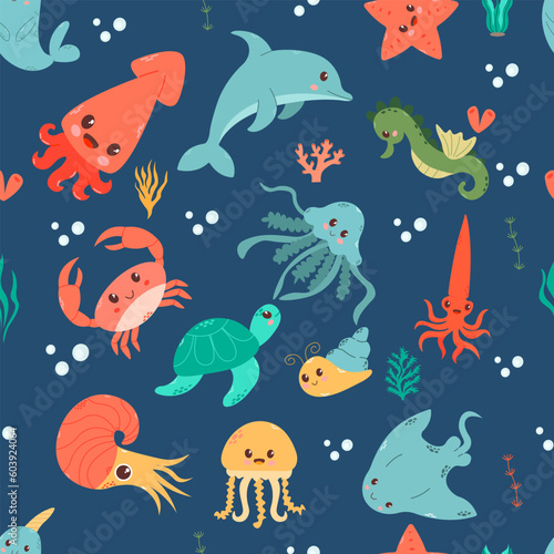 Ocean underwater. Vector illustration for kids design. Marine seamless pattern of sea life. Childish texture for fabric  textile  baby shower decor