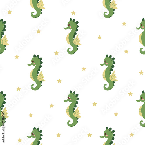 Seamless children's pattern with cute seahorse. Marine-themed pattern with underwater animals. Texture for fabric, packaging, textiles, clothing. Vector illustration.