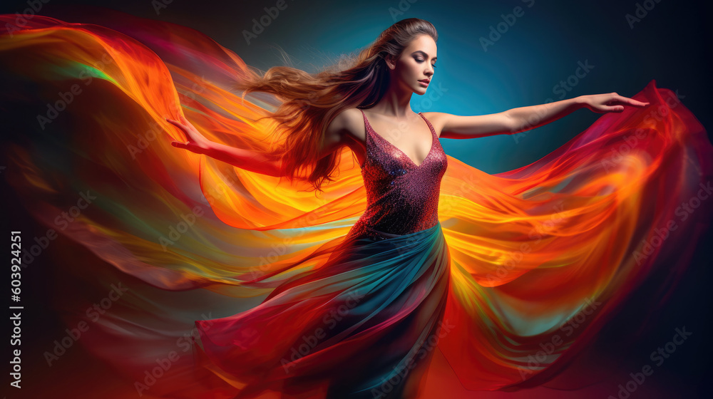 Woman ballet dancer dancing in colorful fluttering dress. Generative AI - obrazy, fototapety, plakaty 