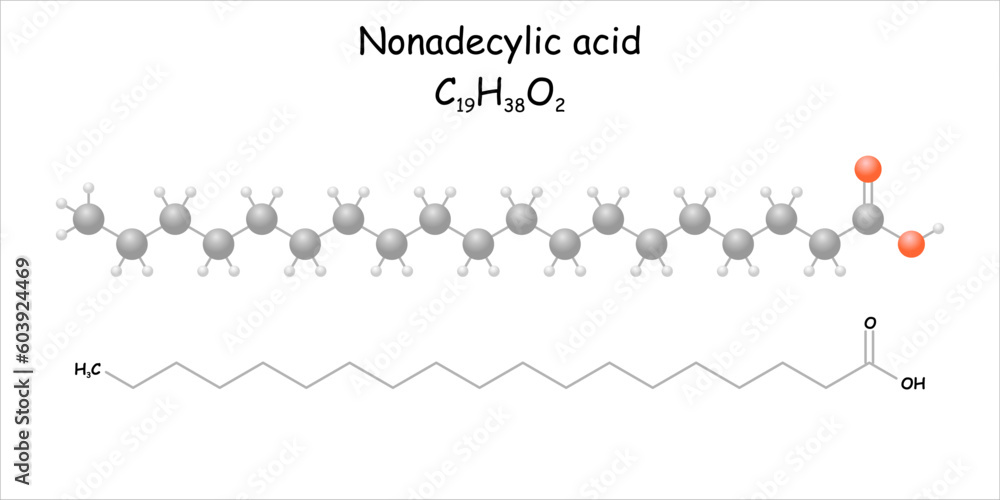 Stylized molecule model/structural formula of nonadecylic acid ...