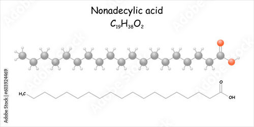 Stylized molecule model/structural formula of nonadecylic acid (nonadecanoic acid). Use for metal lubrication.