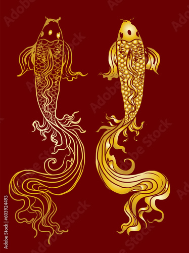 Beautiful line art of gold fish vector illustration.Koi fish for printing on shirt on white isolated background.